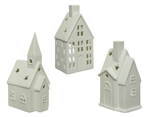Lichthäuser 3er Set Keramik Weiß Teelichthalter Windlicht Haus Weihnachten