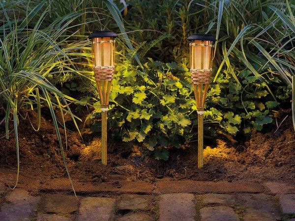 Solar Fackel Bambus 2 Stück mit Flammeneffekt LED Lichtsensor Gartenfackel 55cm