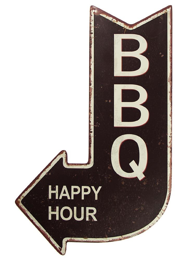 Nostalgie Blechschild BBQ Happy Hour Grill Wegweiser Pfeil Vintage 40x25cm