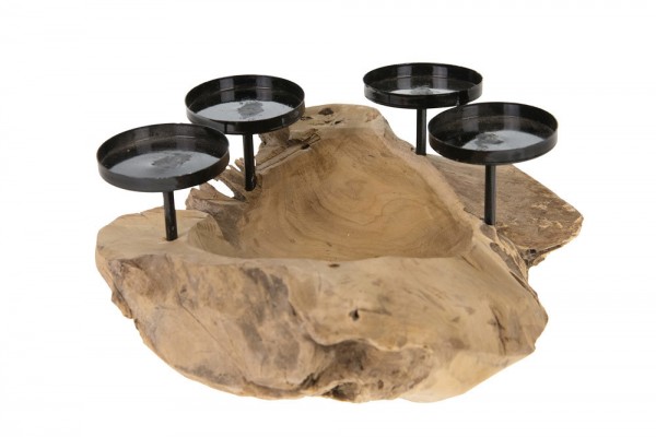 Adventskranz Holz rund Teakholz 4 Kerzenhalter Natur Tischleuchter Schale