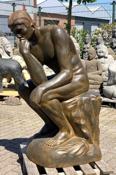 Figur Der Denker n. Rodin 110cm Groß Guss-Stein Frostsicher Garten Statue Schwarz-Rost
