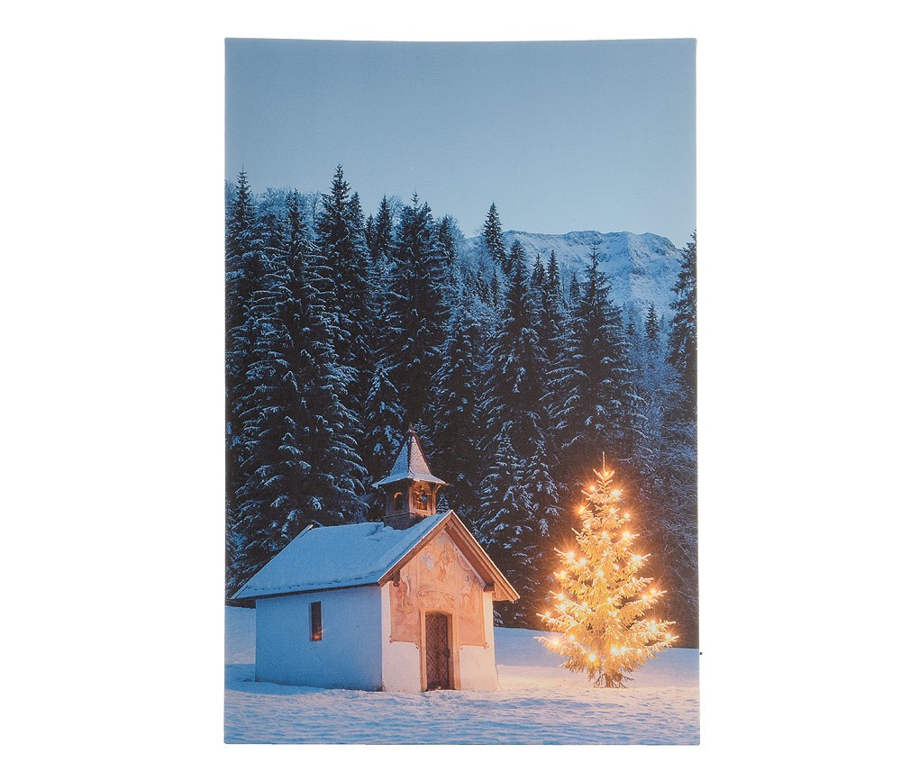 LED Bild Kapelle in den Bergen Weihnachten Leinwand Wandbild 60x40cm