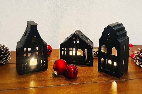 Lichthäuser 3er Set Schwarz Keramik Teelichthalter Windlicht Haus Weihnachten