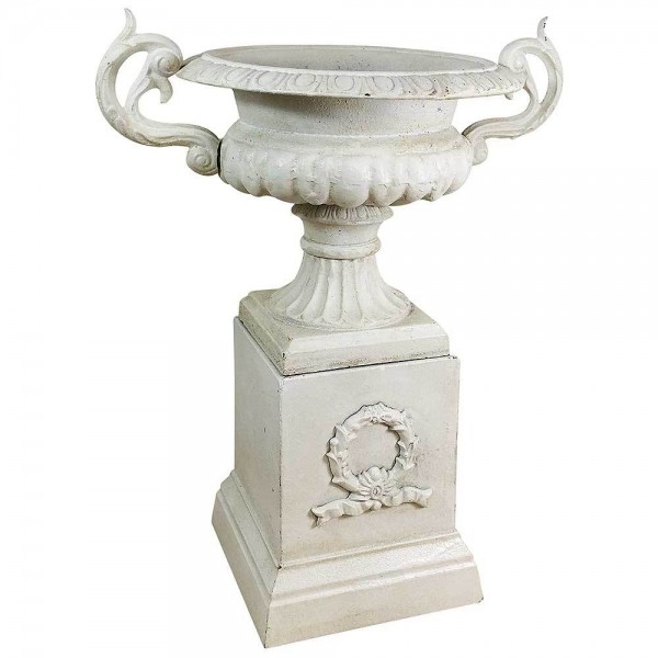 Französische Vase Gusseisen mit Sockel Henkel Pflanztopf Amphore Antik-Stil Weiß