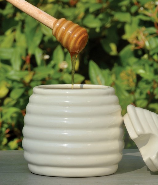 Honigtopf mit Honiglöffel Bienenstock Form Keramik Weiß