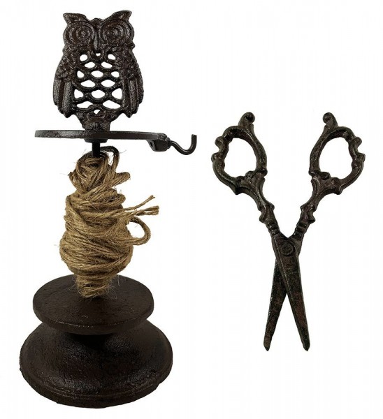 Garnspender Eule mit Schere Nostalgie Gusseisen Antik-Stil Braun