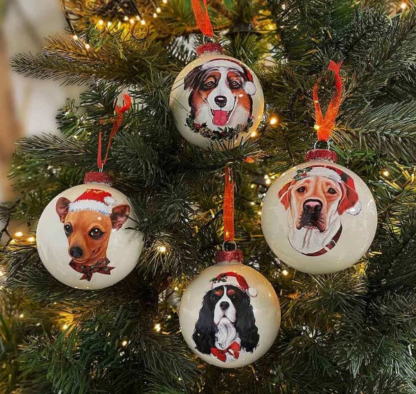Christbaumkugel Hund 4 Stück verschiedene Motive Weihnachtskugel Echt Glas