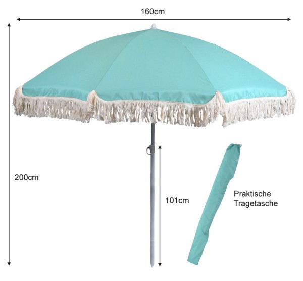 Sonnenschirm BALI Türkis mit Fransen UV Schutz Knickbar Erdspieß Ø 160cm