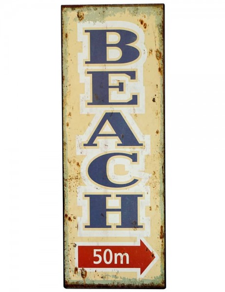 Blechschild BEACH 50m Wegweiser Vintage Nostalgie Antik-Stil 36x13cm