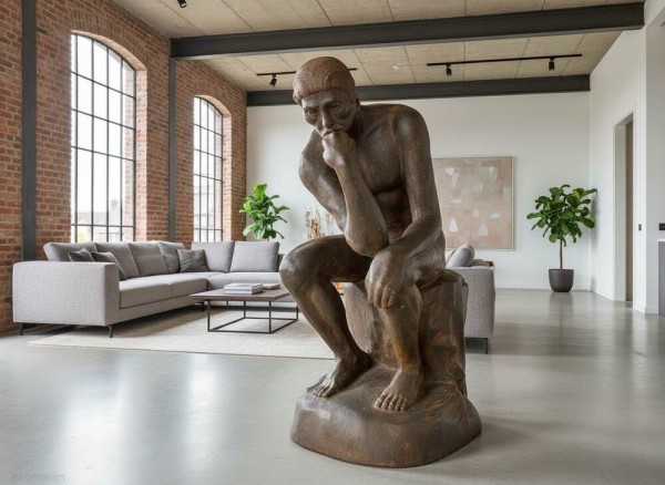 Figur Der Denker n. Rodin 110cm Groß Guss-Stein Frostsicher Garten Statue Schwarz-Rost