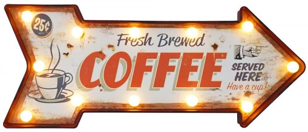 Wandleuchte Fresh Brewed COFFEE mit LED Beleuchtung Wegweiser Vintage Leuchtdeko