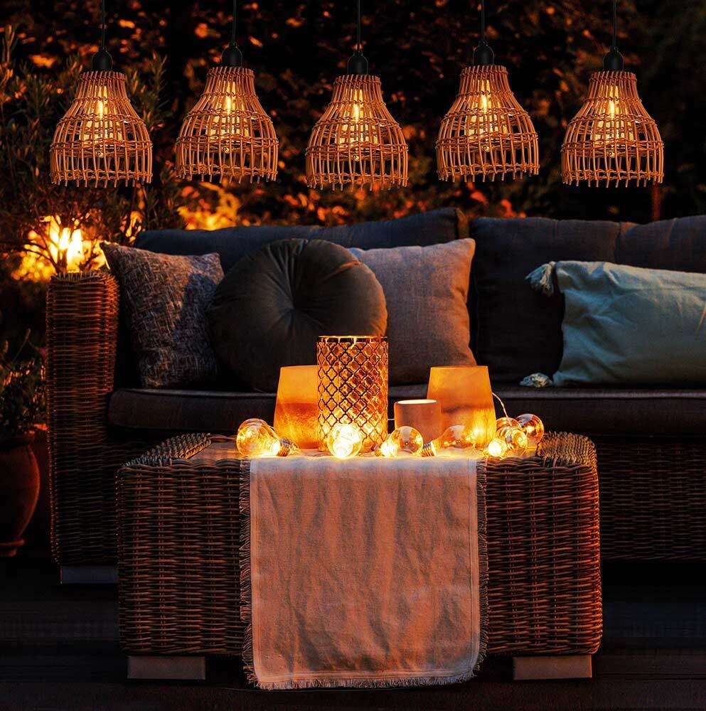 Lichterkette Pendelleuchte Boho Rattan 5-flammig Outdoor LED Hängeleuchten, Dekorative Leuchten, Gartenbeleuchtung, Garten