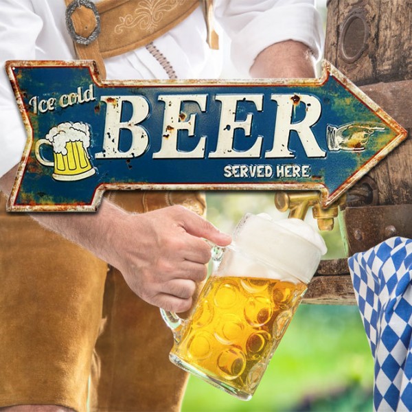 Vintage Blechschild Ice cold BEER SERVED HERE Wegweiser Bier Geprägt 50x19cm