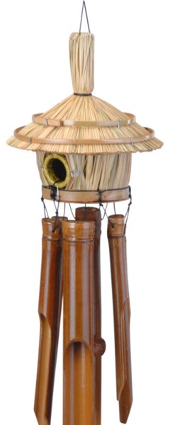 Windspiel Bambus mit Vogelhaus Strandhütte Klangspiel für Garten und Balkon 80cm
