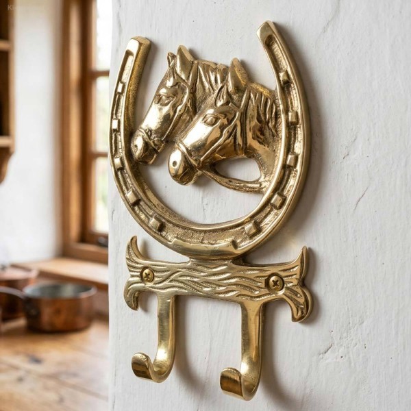 Wandgarderobe Hufeisen Pferd Messing Antik-Stil 14x9cm