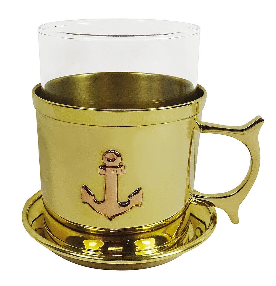 Teeglas Anker Messing Tasse mit Glaseinsatz Tasse Maritim Schiff Boot Vintage