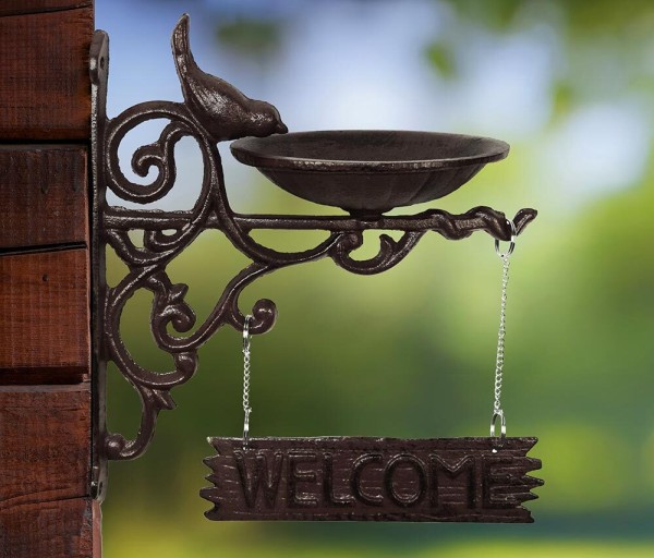 Vogeltränke Welcome-Schild Wandvogeltränke Futterschale Vogelbad Gusseisen Braun