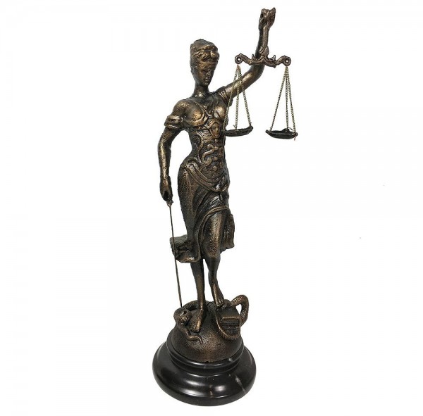 Justitia Figur Göttin der Gerechtigkeit Skulptur Gusseisen auf Marmorsockel 40cm