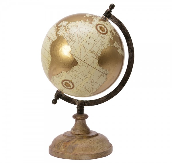 Globus Creme Gold Weltkugel mit Holzständer Standglobus Antik-Stil Ø 16,5cm