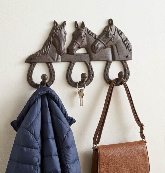 Wandgarderobe Pferde aus Gusseisen Garderobe 3 Haken Antik-Landhausstil Braun