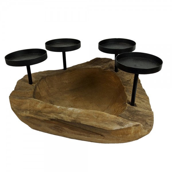 Adventskranz Holz rund Teakholz 4 Kerzenhalter Natur Tischleuchter Schale