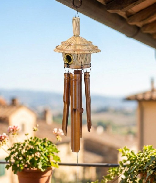 Windspiel Bambus mit Vogelhaus Strandhütte Klangspiel für Garten und Balkon 80cm