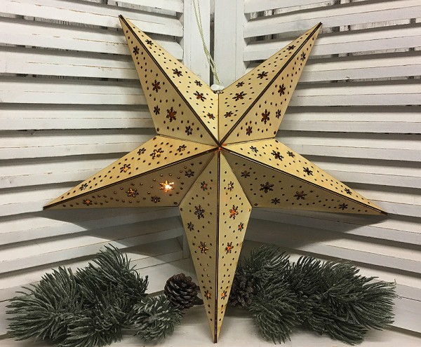 LED Holzstern Schneeflocke Weihnachtsstern 3D Warmweiß Batterie Timer 40cm