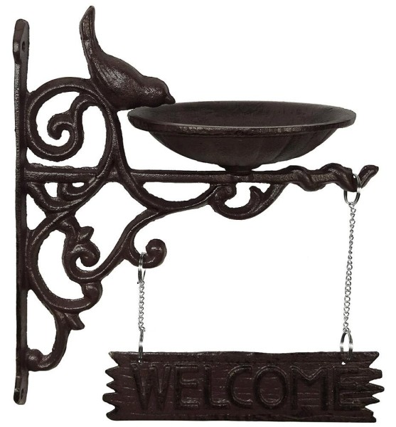 Vogeltränke Welcome-Schild Wandvogeltränke Futterschale Vogelbad Gusseisen Braun