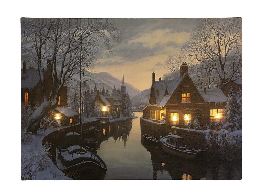 LED Bild Winterstadt am Fluß Weihnachten Leinwand Wandbild 28x38cm