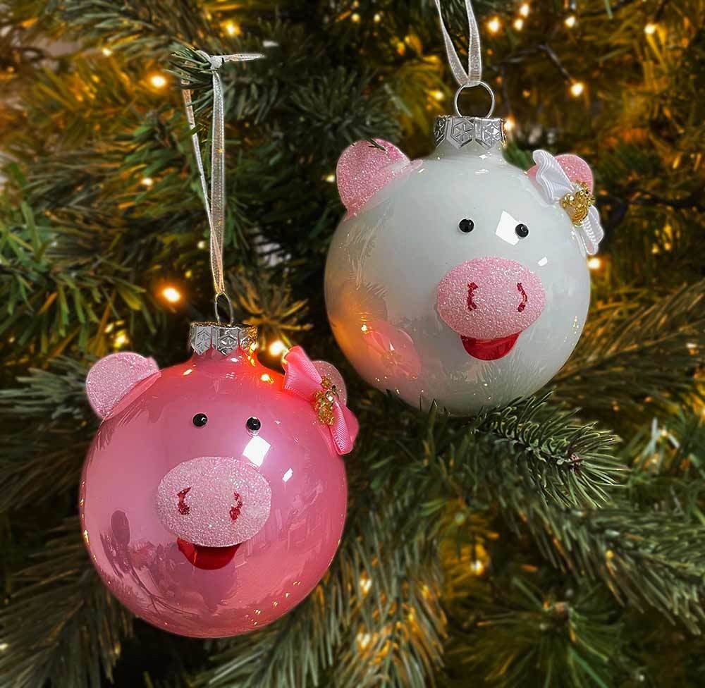 Christbaumkugeln Schweinchen Weiß Pink Ferkel 2 Stück Weihnachtskugeln Echt Glas