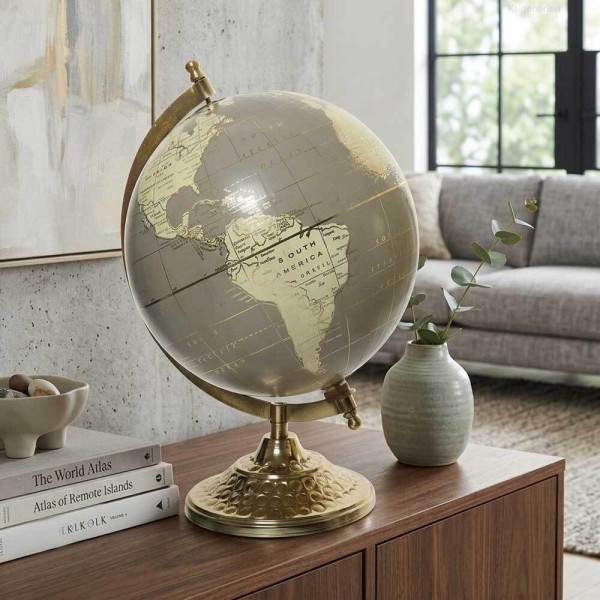 Design Globus Grau-Gold Ø 20cm – Edle Weltkugel mit Metallfuß für Büro & Deko