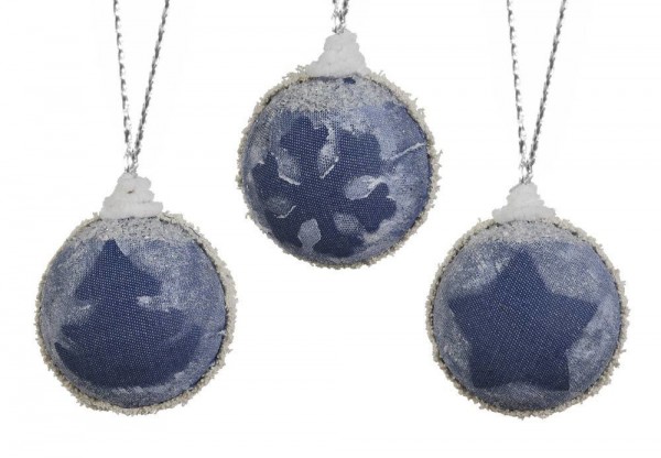Christbaumkugeln 3er Set Denim Blue Jeans Stoff Blau mit Schnee Bruchfest 8cm