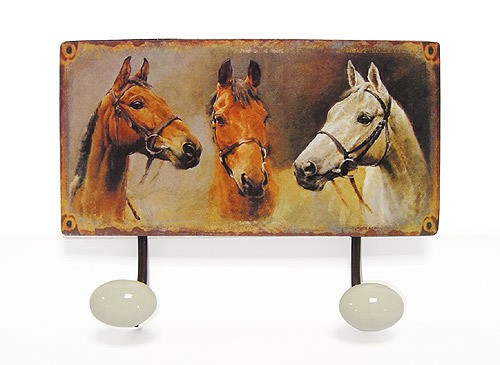 Garderobe Blechschild-Optik Pferde -Motiv 2 Haken 23x17cm