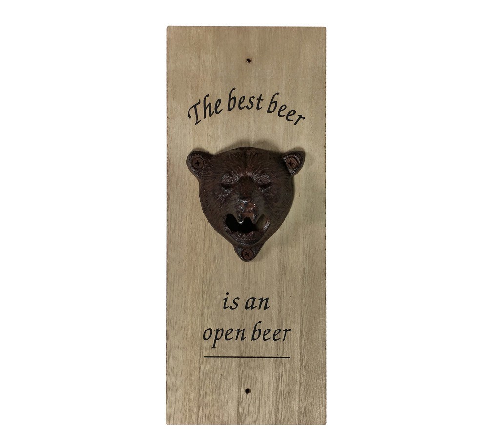 Wandflaschenöffner "The best beer is an open beer" Holz Grizzly Bär aus Gusseisen