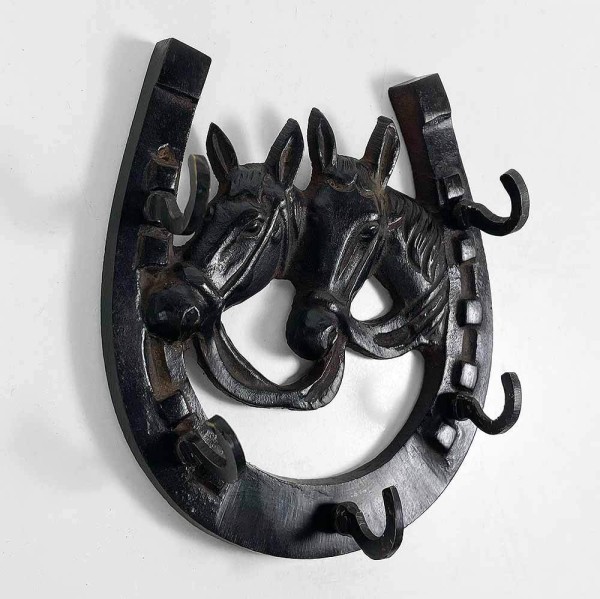 Schlüsselbrett Wandgarderobe Hufeisen Pferde Gusseisen Braun Antik-Stil 12x11cm
