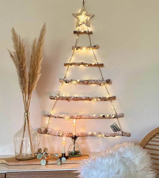 LED Weihnachtsbaum Birke mit Schnee Beleuchtet Holzleiter Tannenbaum Timer 98cm