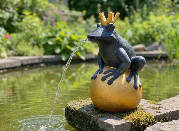 Wasserspeier Froschkönig Stein Groß XL Teichfigur Frosch Goldene Kugel 50 cm