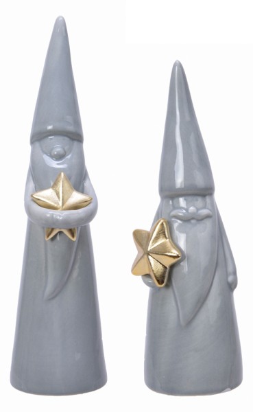 2 Weihnachtszwerge Dekofiguren mit Stern in Gold / Grau Weinachtsmann Nikolaus Figuren