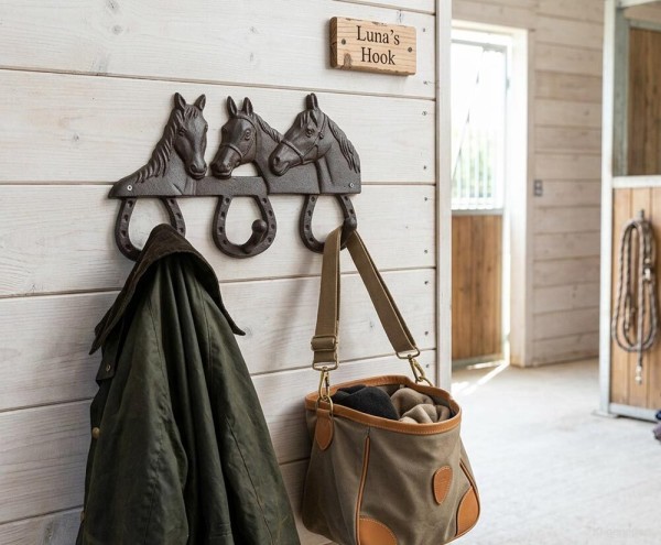 Wandgarderobe Pferde aus Gusseisen Garderobe 3 Haken Antik-Landhausstil Braun