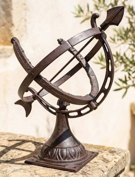 Sonnenuhr auf Standfuß Antik-Stil Gusseisen Braun Gartendeko H 35cm