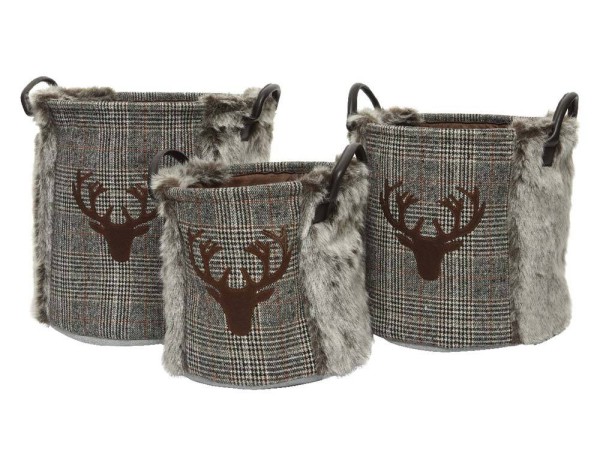 Aufbewahrungskorb Rentier Grau Kariert Deko-Korb mit Griffen Weihnachten
