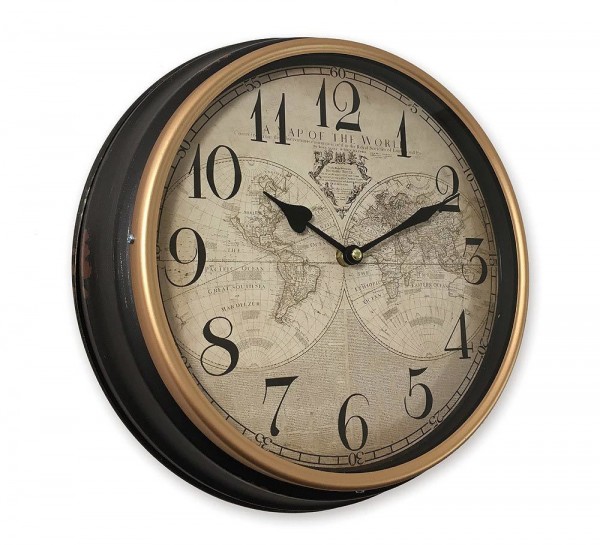 Wanduhr Weltkarte Vintage-Stil Schwarz Atlas Metallrahmen Rund 31cm