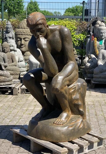 Figur Der Denker n. Rodin 110cm Groß Guss-Stein Frostsicher Garten Statue Schwarz-Rost