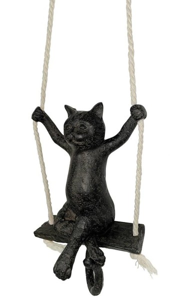 Figur Katze auf Schaukel Katzenfigur Dekofigur Skulptur Statue Schwarz 20cm