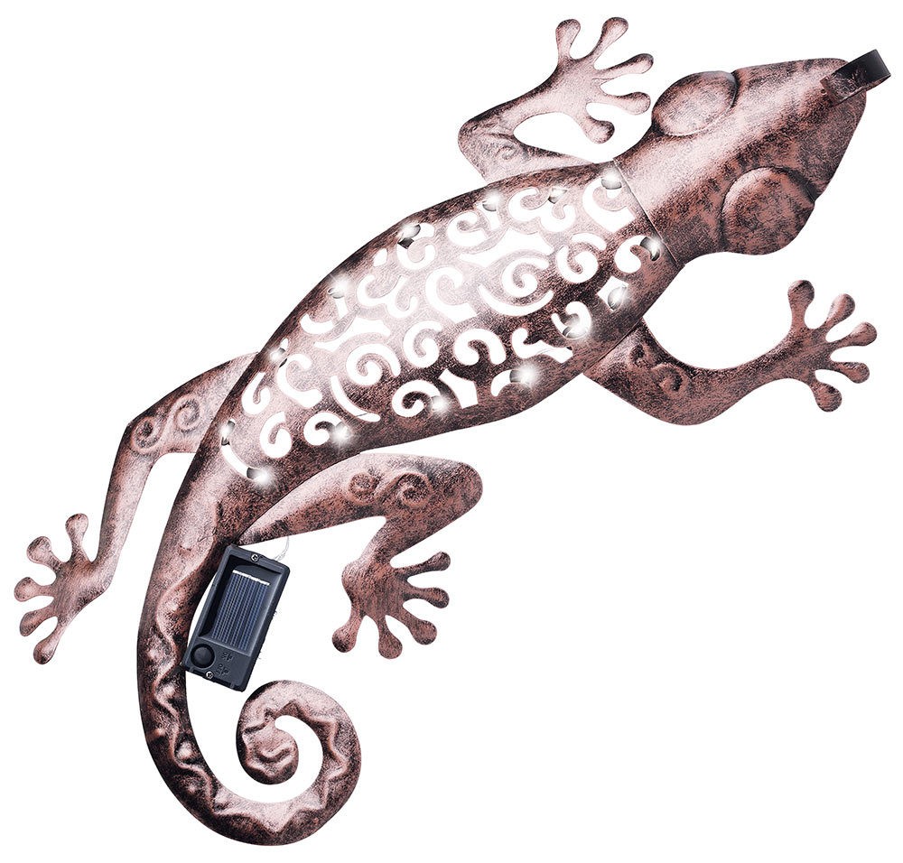 Gecko mit LED Beleuchtung Solar Metall Rosa Wanddeko Eidechse Vintage 24x50cm