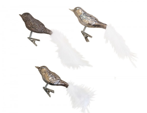 Künstliche Vögel Feder Silber Taupe 3 Stück Glas-Vogel Christbaumschmuck