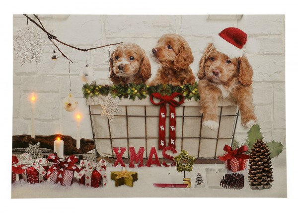 LED Bild Weihnachten Hundewelpen Leinwand Wandbild 37x57cm