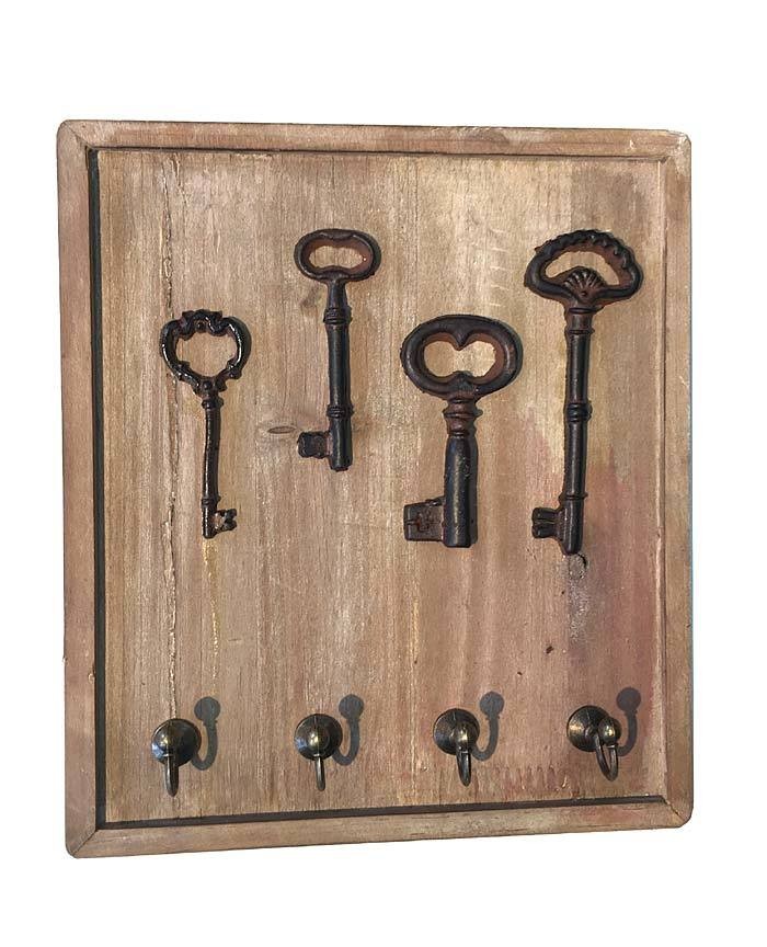 Schlüsselbrett Holz Braun Antik-Stil 4 Haken Nostalgie Schlüsselhalter 25x22cm