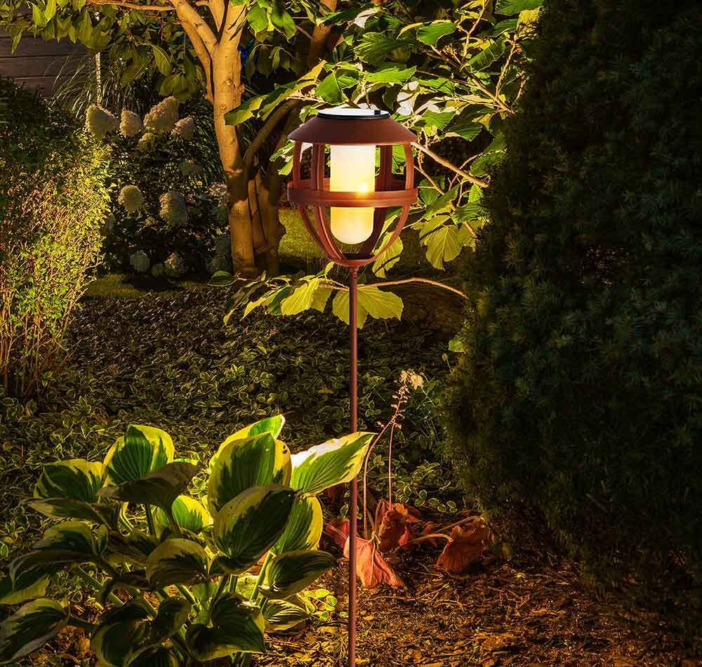 Solarleuchte Laterne für Außen Garten Flammeneffekt Rostbraun Gartenstecker 80cm