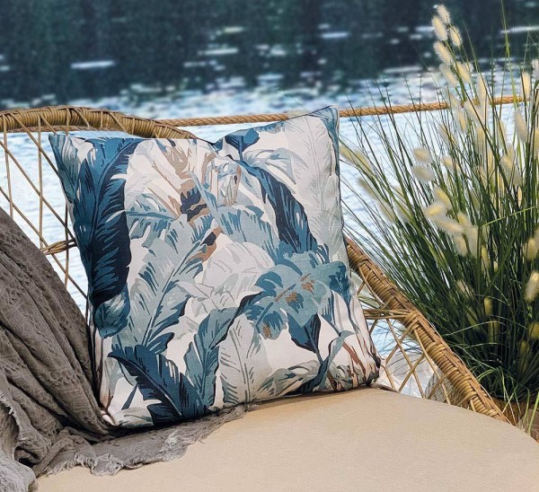 Outdoor Kissen Palmblatt 2 Stück Wasserabweisend Palme Blau Weiß Tropisch 45x45cm